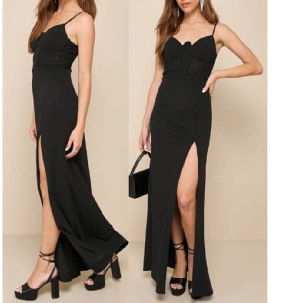 Lulus Women's Corset Inspired Stretch Maxi Dress Black Mesh Party Prom Medium
